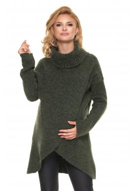 Těhotenský asymetrický svetr s rolákem v kaki barvě