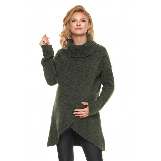 Těhotenský asymetrický svetr s rolákem v kaki barvě