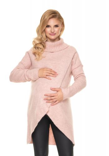 Růžový těhotenský asymetrický svetr s rolákem