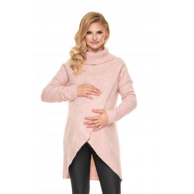 Růžový těhotenský asymetrický svetr s rolákem