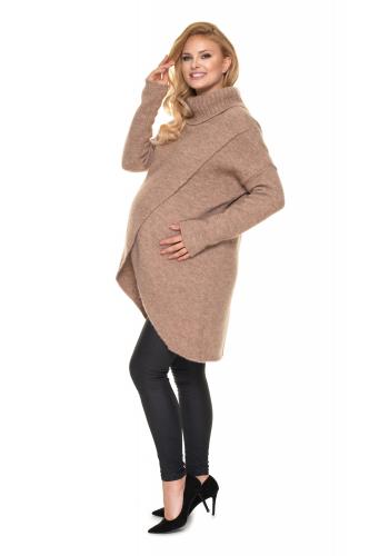 Asymetrický těhotenský svetr s rolákem v béžové barvě