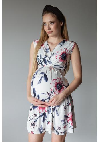 Bílé květinové elegantní těhotenské a kojící šaty bez rukávů