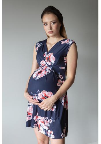 Tmavě modré květinové těhotenské a kojící šaty bez rukávů