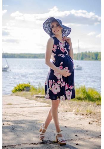 Tmavě modré těhotenské a kojící šaty s růžovými květy
