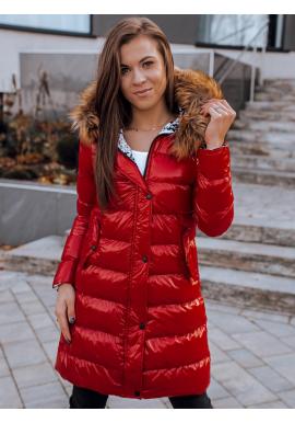 Dlouhá dámská prošívaná bunda červené barvy na zimu