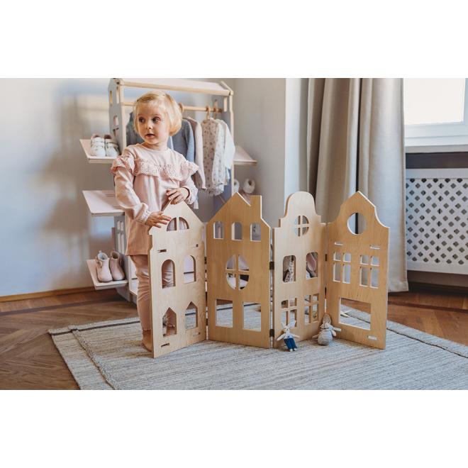 Dětský dřevěný domeček 3v1 - domeček, paravan, knihovna