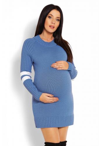 Těhotenské modré šaty s polorolák a pruhy na rukávu