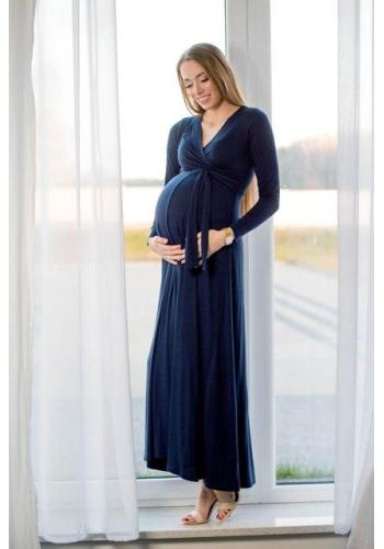 Dlouhé tmavě modré elegantní těhotenské šaty s mašlí