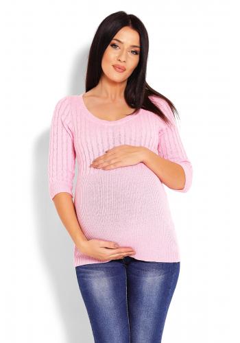 Těhotenský vypasovaný svetr s 3/4 rukávy v růžové barvě
