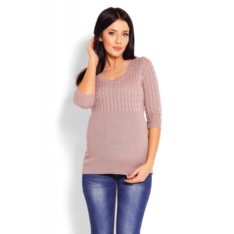 Levně Těhotenský vypasovaný svetr s 3/4 rukávy v cappuccinovej barvě, PKB351 70008C UNI