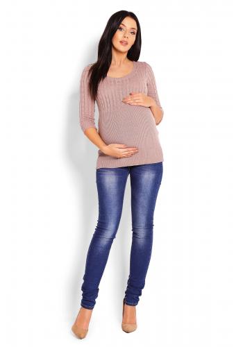 Tehotenský modrý vypasovaný sveter s 3/4 rukávmi