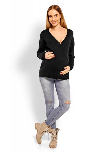 Tehotenský vlnený sveter s V výstrihom v smotanovej farbe