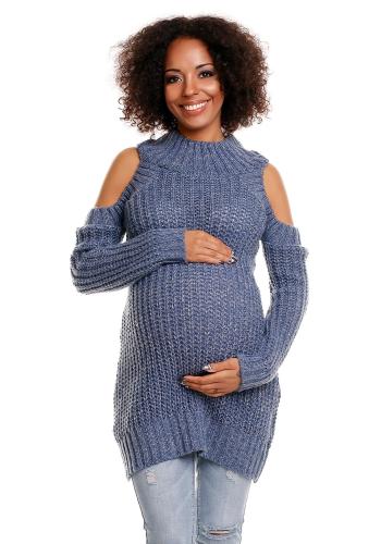 Modrý huňatý svetr s odhalenými rameny pro těhotné