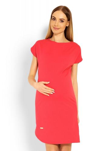 Tehotenské korálové asymetrické šaty s krátkym rukávom