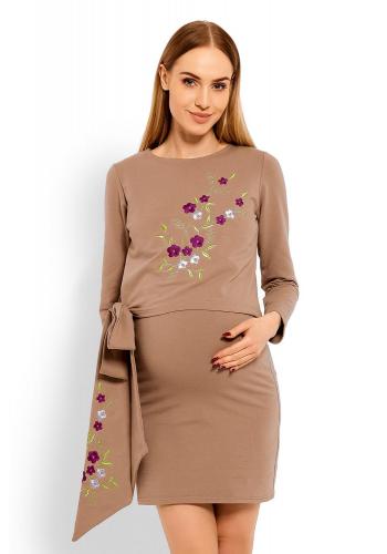 Cappuccinové těhotenské a kojící šaty s vyšívanými květinami a mašlí