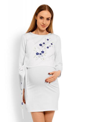 Bílé těhotenské a kojící šaty s vyšívanými květinami a mašlí