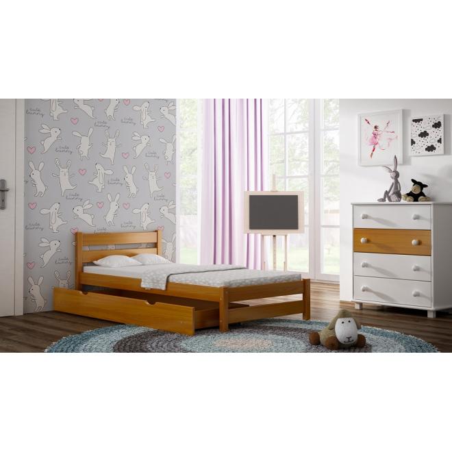 Levně Dětská dřevěná postel - 200x90 cm, MW63 KARO Tyrkysová Dva malé na kolečkách Dodatečná odnímatelná bariéra