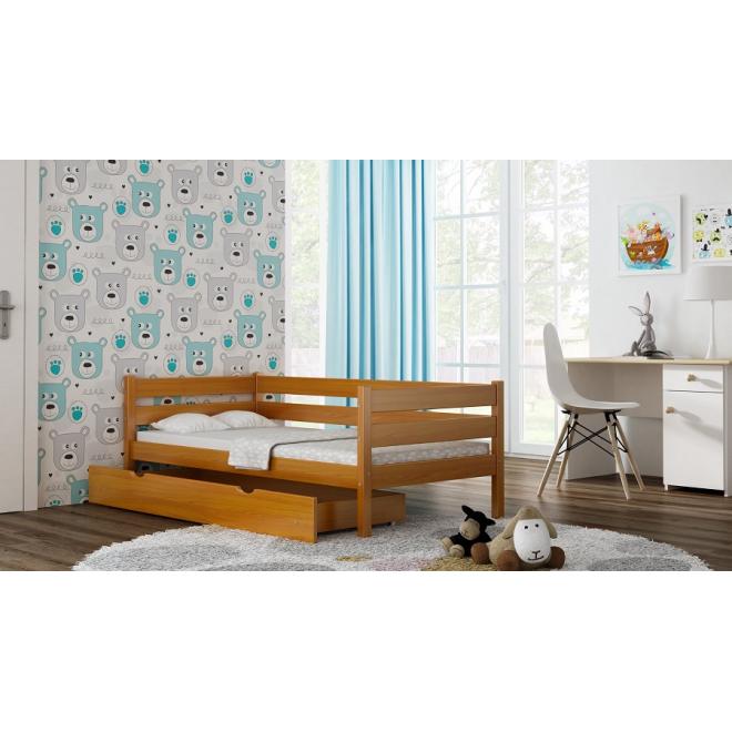 Levně Dětská dřevěná postel - 200x90 cm, MW69 KARO-Z Růžová Dva malé na kolečkách Dodatečná odnímatelná bariéra