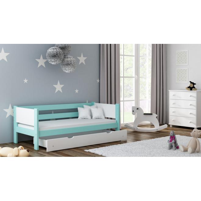 Levně Jednolůžková dětská postel - 180x90 cm, MW126 WRÓBEL-F1 Modrá Jeden na kolečkách Dodatečná odnímatelná bariéra