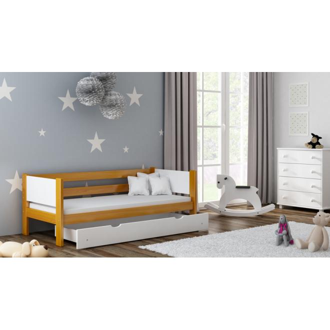 Levně Dětská dřevěná postel - 190x90 cm, MW128 WRÓBEL-F1 Modrá Bez šuplíku Dodatečná přišroubovaná bariéra