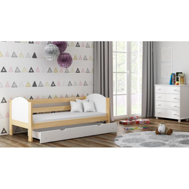 Levně Dřevěná jednolůžková postel pro děti - 160x80 cm, MW130 WRÓBEL-F2 Tyrkysová Dva malé na kolečkách Dodatečná odnímatelná bariéra
