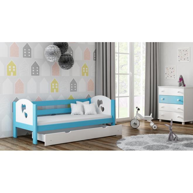 Levně Dřevěná jednolůžková postel pro děti - 190x80 cm, MW139 WRÓBEL-F3 Modrá Bez šuplíku Dodatečná odnímatelná bariéra Srdce