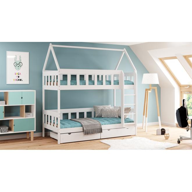 Dětská patrová domečková postel - 200x90 cm, MW155 CHWAT Růžová Jeden na kolečkách Dodatečná odnímatelná bariéra na spodní postel