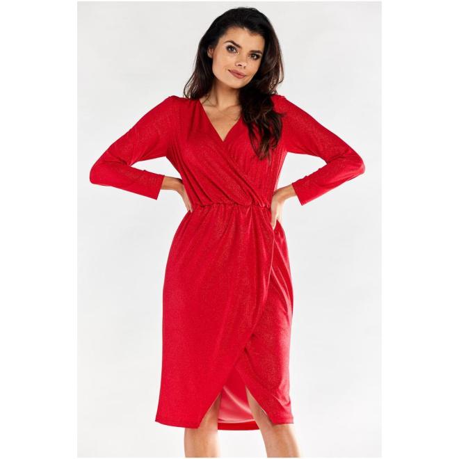 Levně Červené třpytivé šaty s obálkovým střihem, A484 M