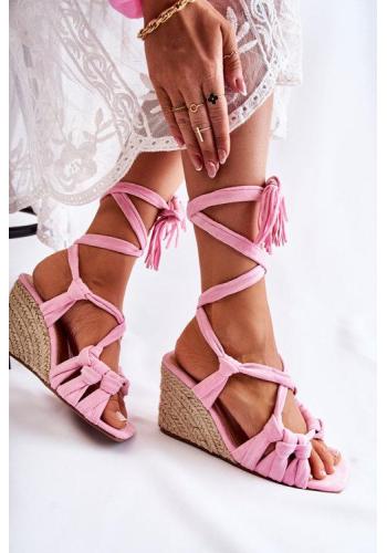 Šněrovací růžové sandály na podpatku pro dámy