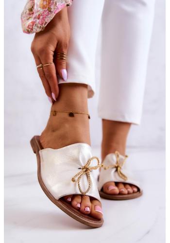 Bílo-zlaté kožené pantofle s mašličkou