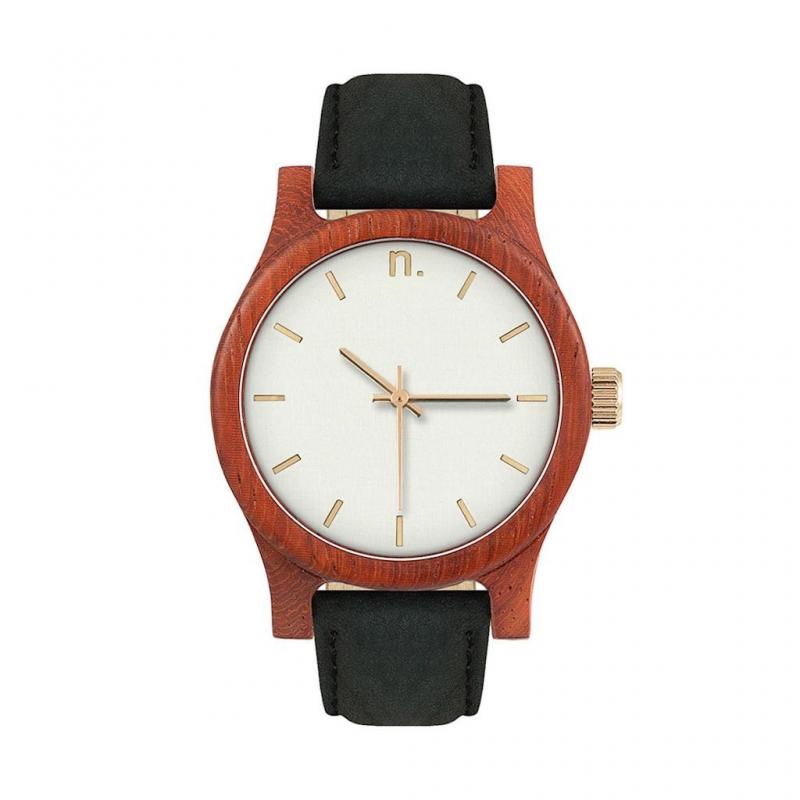 Levně Dámské dřevěné hodinky s koženým páskem v černo-bílé barvě, N026