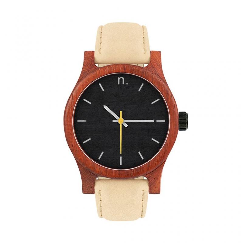 Levně Béžovo-černé dřevěné hodinky s koženým řemínkem pro dámy, N027
