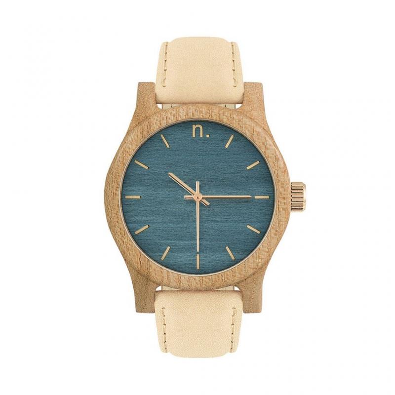Levně Dámské dřevěné hodinky s koženým páskem v béžovo-modré barvě, N029