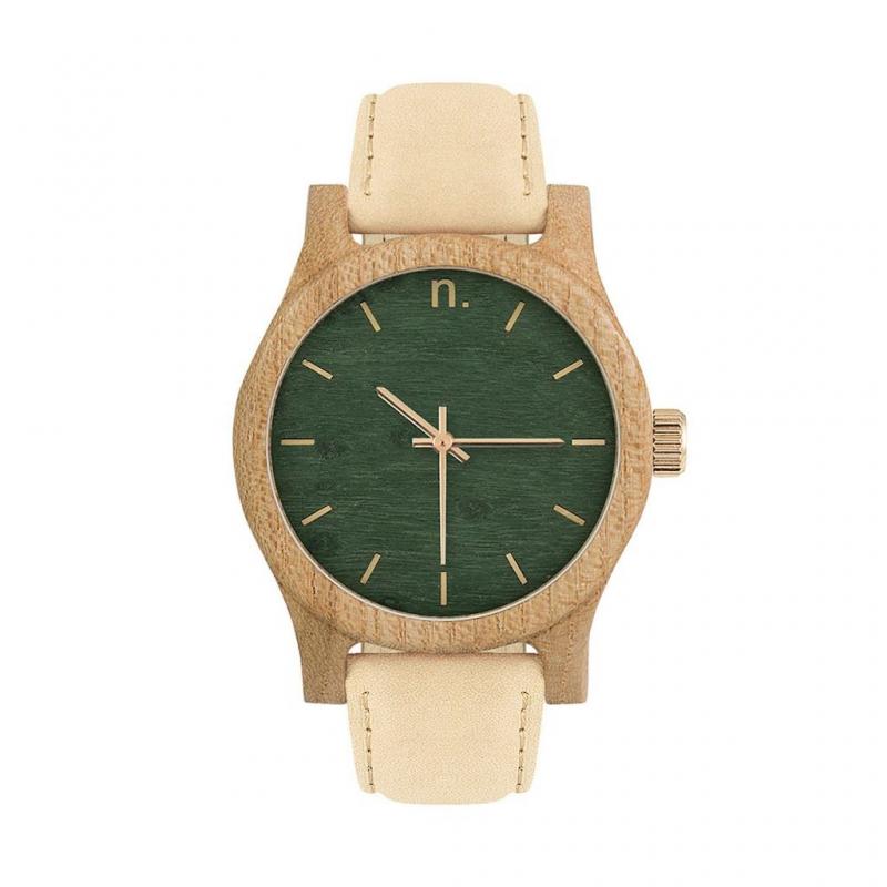 Levně Béžovo-zelené dřevěné hodinky s koženým řemínkem pro dámy, N030