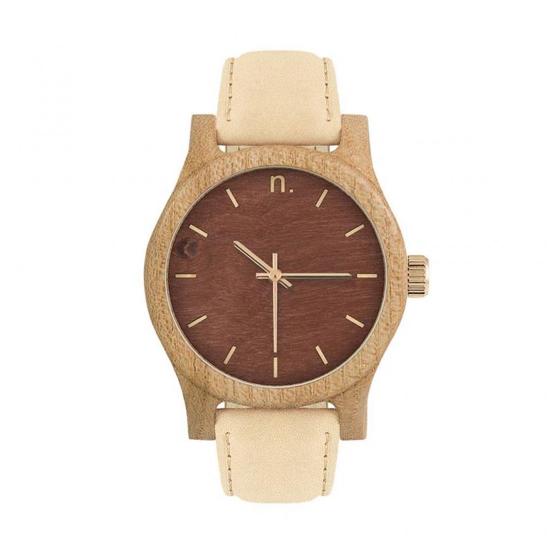 Levně Dámské dřevěné hodinky s koženým páskem v béžovo-hnědé barvě, N032