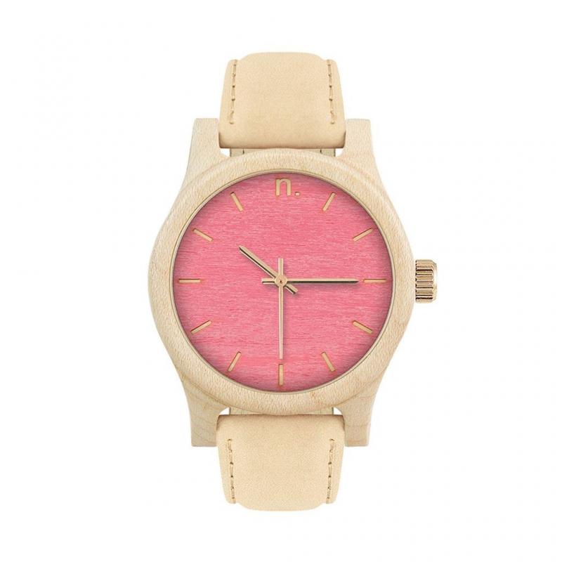 Levně Dámské dřevěné hodinky s koženým páskem v béžovo-růžové barvě, N035