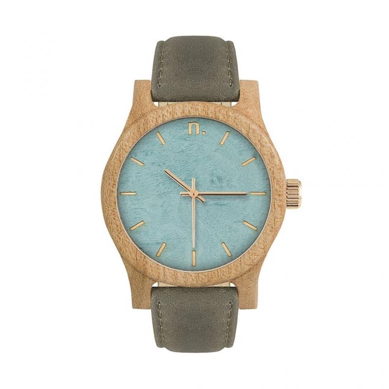 Levně Dámské dřevěné hodinky s koženým páskem v šedo-modré barvě, N038