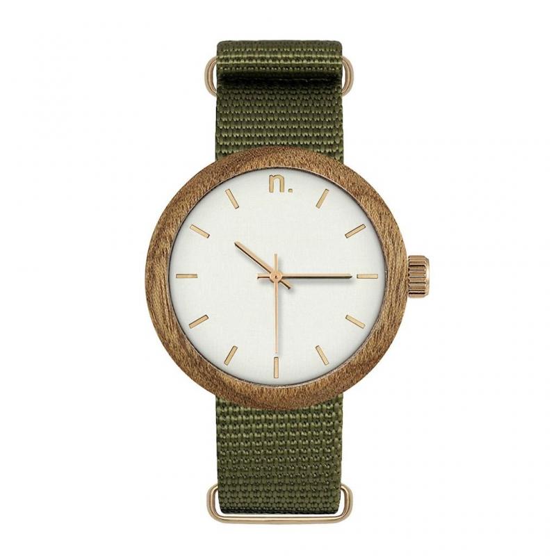 Levně Dámské dřevěné hodinky s textilním řemínkem v zeleno-bílé barvě, N059