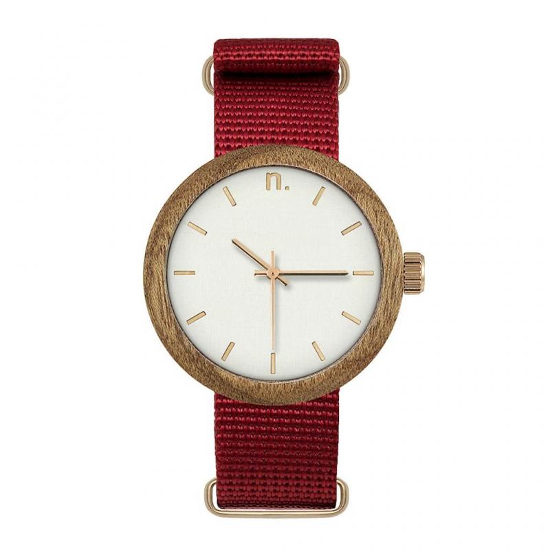 Levně Červeno-bílé dřevěné hodinky s textilním řemínkem pro dámy, N060
