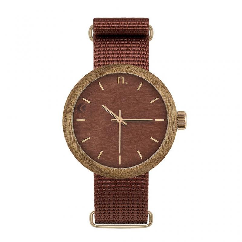 Levně Dámské dřevěné hodinky s textilním řemínkem v hnědé barvě, N062