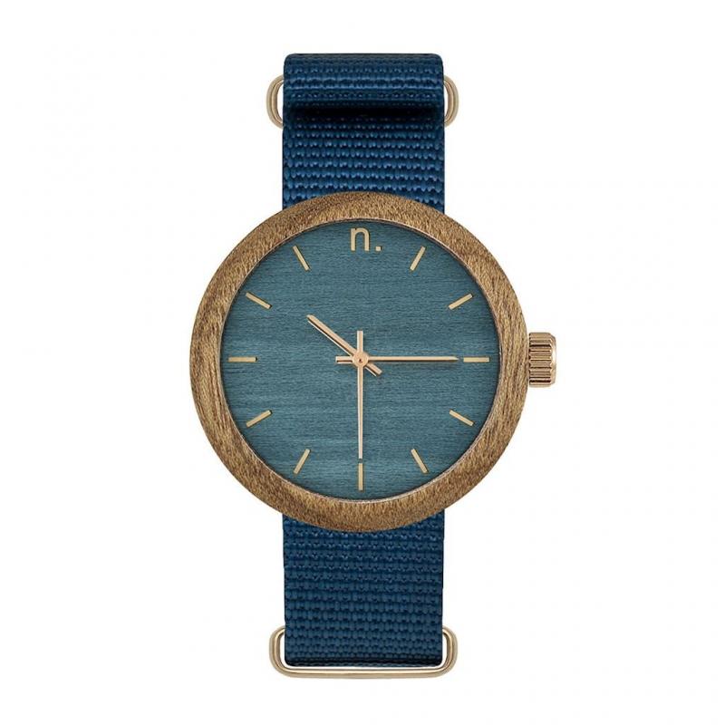 Levně Modré dřevěné hodinky s textilním řemínkem pro dámy, N064