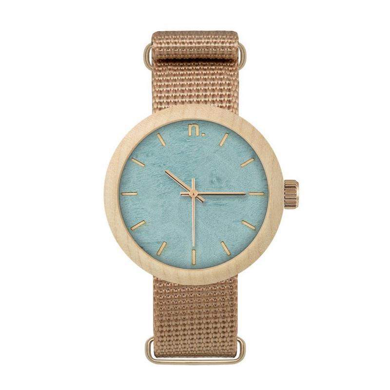 Levně Béžovo-modré dřevěné hodinky s textilním řemínkem pro dámy, N067