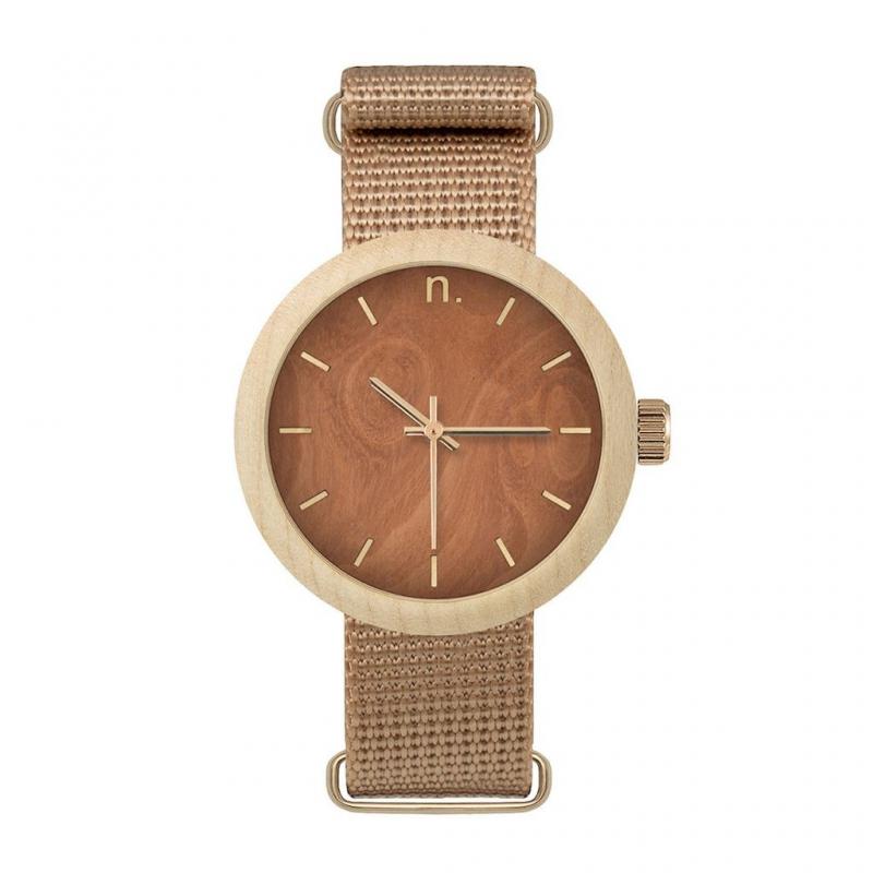 Levně Béžovo-hnědé dřevěné hodinky s textilním řemínkem pro dámy, N070