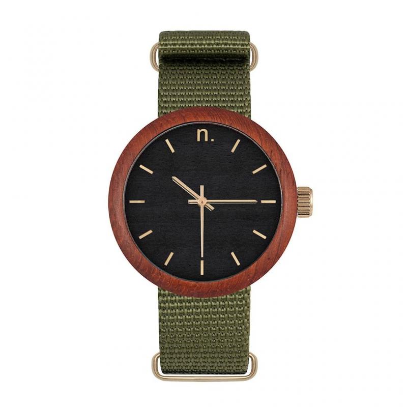 Levně Dřevěné dámské hodinky zeleno-černé barvy s textilním řemínkem, N071