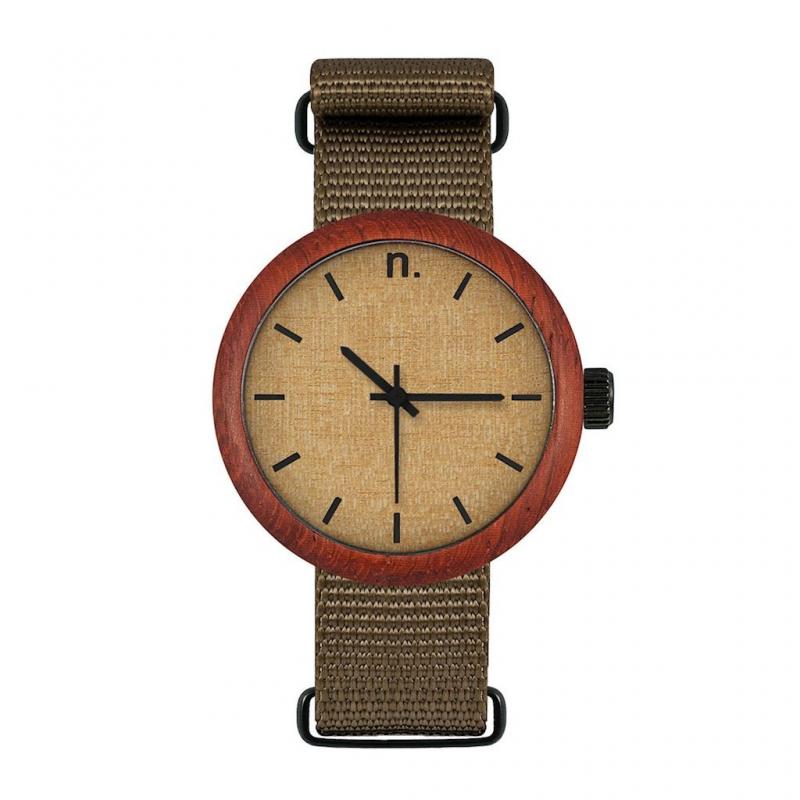Levně Dámské dřevěné hodinky s textilním řemínkem v kaki barvě, N072