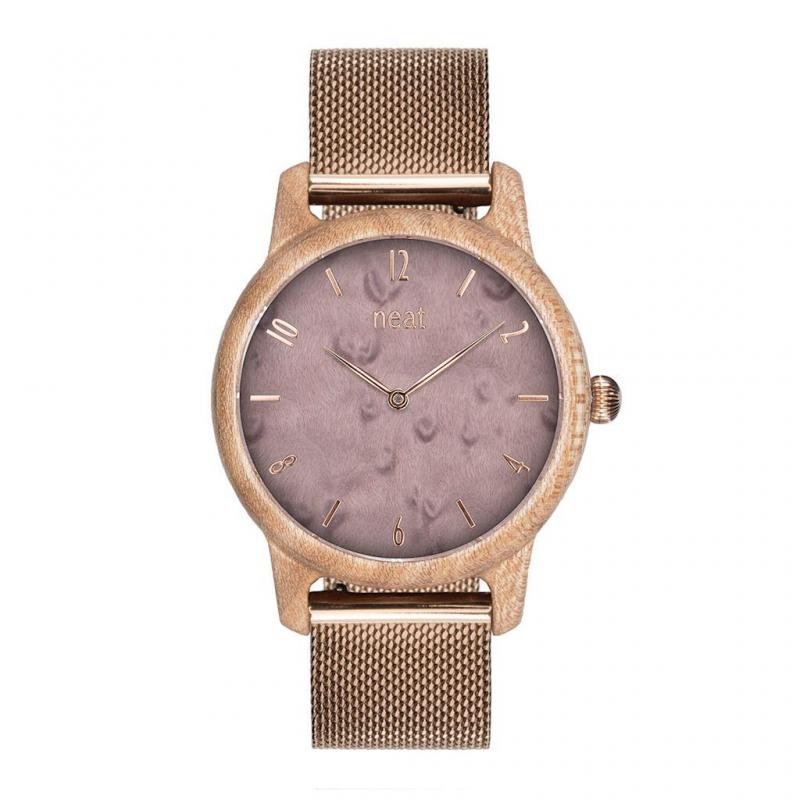 Levně Dámské dřevěné hodinky s kovovým řemínkem ve fialovo-zlaté barvě, N106