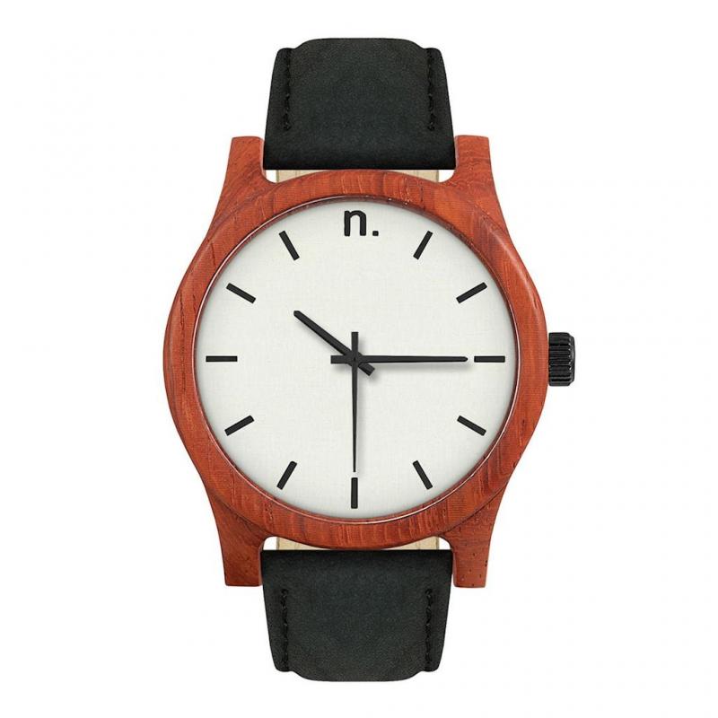Levně Černo-bílé dřevěné hodinky s koženým řemínkem pro pány, N003