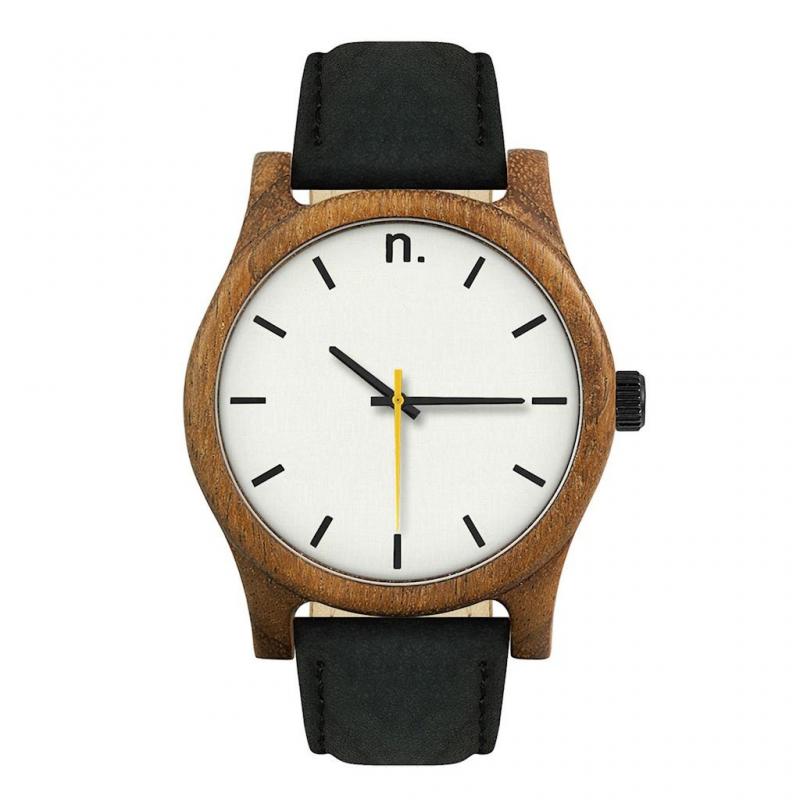 Levně Černo-bílé dřevěné hodinky s koženým řemínkem pro pány, N006