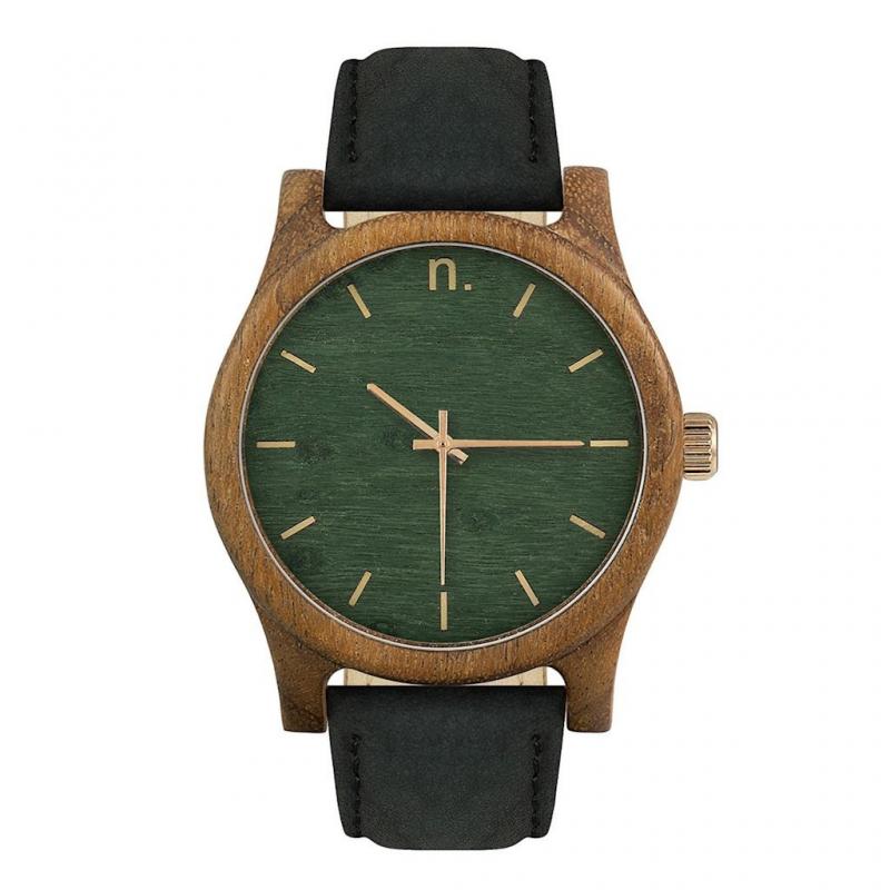 Levně Černo-zelené dřevěné hodinky s koženým řemínkem pro pány