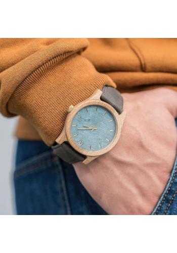 Drevené pánske hodinky béžovo-modrej farby s koženým remienkom